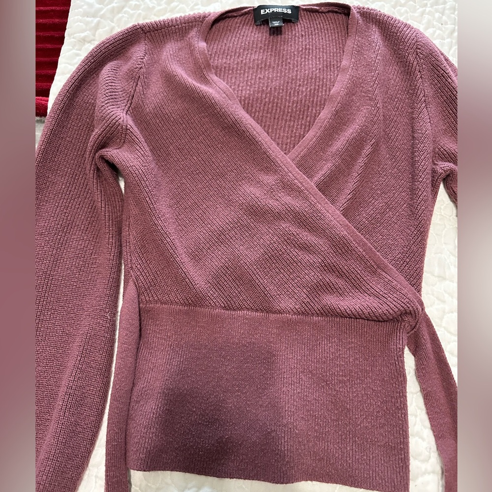 Express Cropped Faux Wrap Tie Long Sleeve Top Sweater